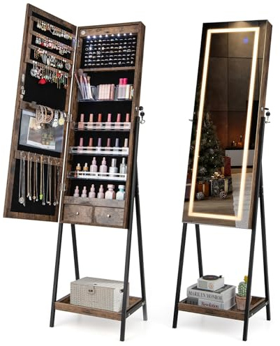 RELAX4LIFE Schmuckschrank mit 3-farbigen LED-Lichtern, Spiegelschrank mit Ganzkörperspiegel & 2 Schubladen & Ablage, Schmuckorganizer Abschließbar & Freistehend, für Schlafzimmer Wohnzimmer (Braun)