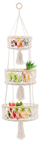 yuuzue 3 Tier Hanging Basket, Macrame Hanging Basket for Fruit and Vegetable Storage, Cotton Rope Woven Baskets for Kitchen, Decorative Boho Decor Hanging Plant Holder