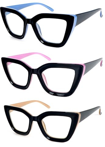 MMOWW Gafas de Lectura Mujer Anti Luz Azul, Moda Ojos de Gato Gafas de Presbicia Mujer, Lente Clara con Vision Clara (3PCS, +2.0)