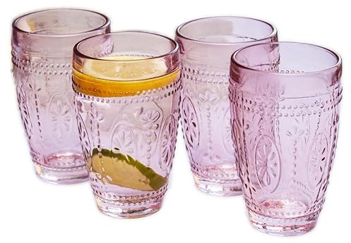 Darthome Pink Tumbler Glasses 300ml Set of 4 Glass Embossed Flower Water Drinking Boxed