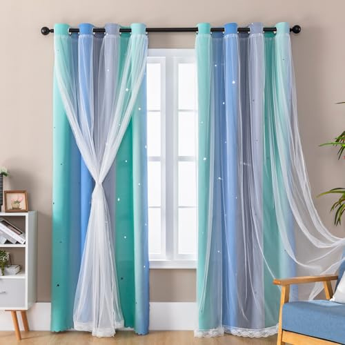 XiDi Tende Termiche Oscuranti con Occhiello per Soggiorno Arcobaleno Decorazioni Da Parete Tende Cameretta Doppio Strato con Rete Verde Blu Grigio 87×183 cm Green BlueGrey/86/183/2 IT