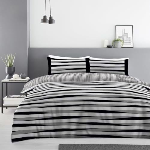 Lions 4 Piece Complete Bedding Sets - Textured Striped Double Duvet Cover Set With 1x Fitted Sheet and Matching 2x Pillowcase, Soft Poly Cotton, Reversible Quilt Covers, Black Grey
