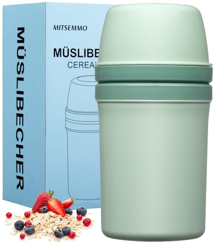 Mitsemmo Müslibecher to Go 600ml+270ml,Joghurtbecher to Go Kinder mit Löffel,Müsli Cup to Go Becher,Cornflakes to Go,Müslibecher Müslidose Müslischale Frühstücksdose Müslibox,Joghurt Box to Go (Grün)
