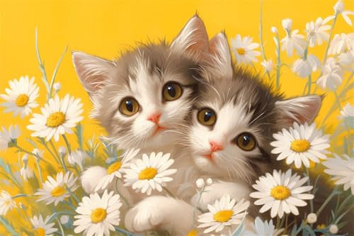 Katze Malen Nach Zahlen Erwachsene Groß 60x80cm,Malen Nach Zahlen Gänseblümchen,Kreativ Set für Erwachsene,DIY Handgemalt Ölgemälde Leinwand Kit mit 3 Set Pinseln Acrylfarben,Home Wand Dekor,Rahmenlos