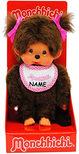 alles-meine.de GmbH Monchhichi - Mädchen - Lätzchen - ROSA/pink - 2 Zöpfe im Haar - incl. Name - 20 cm - Bekleidung ausziehbar - Plüschtier/Kuscheltier - Monchichi - SPOR..