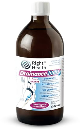 DRAINANCE 1000: Drenante forte detox 1LT 60 giorni. Depurativo fegato, Anticellulite contro Ritenzione idrica Gambe e Pancia. Betulla, Tarassaco, Prunus, Equiseto. Soluzione orale gusto Ananas