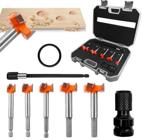 Forstnerbohrer Set 7 teilig im Koffer, Forstnerbohrer-Set, 15 bis 35 mm Forstnerbohrers für Holz, Mit 1 Stecknuss Adapter und 150mm Verlängerungsstange, Zubehör Bohrmaschine für feine Holzbearbeiten