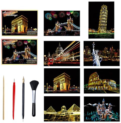 IKOPFLN 8PCS scratch art bambini adulti grattalibro scratch disegni da grattare Grattacielo Notturno Graffiti Arte Architettonica Pennello per Graffiare Scratch Carta per Natale Regalo di Compleanno