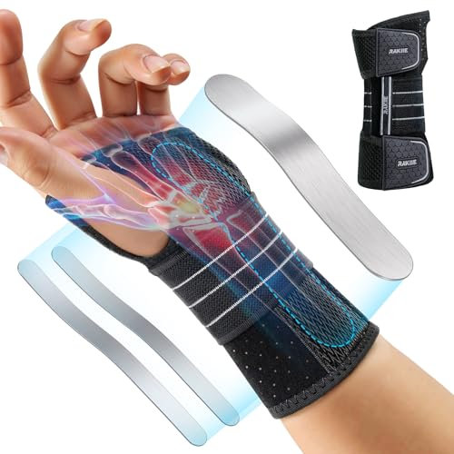 Rakiie Carpal Tunnel Wrist Brace, Adjustable Night Wrist Support with 3 Metal Splints, Hand Brace for Men Women No Pressure on Thumb, Splint Stabilizer for Work, Gray Left M(6.69-8.27)