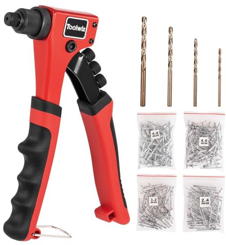 Toolwiz Rivet Gun One-Handed Pop Rivet Gun Kit with 200pcs Rivets, 4pcs Tool-Free Interchangeable Heads and 4pcs Drill Bits - Heavy Duty Hand Riveter for Metal, Wood, Plastic, Leather, Fabric