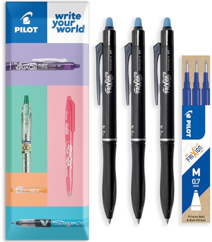 Pilot Frixion Ball Plus Radierbarer Tintenroller + Minen - 0,7 mm Medium Tip - Thermoempfindliche Tinte sauber löschen für Büro Schule - Kissenpaket mit 3 Stiften + 3 Minen - blaue Tinte