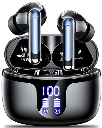 Monyhigh Auriculares Inalámbricos Bluetooth,2025 Cascos Inalámbricos Bluetooth 5.3 HiFi Estéreo con 4 HD Mic,48H con función de reducción de Ruido,IPX6 Impermeable,Pantalla LED Negro