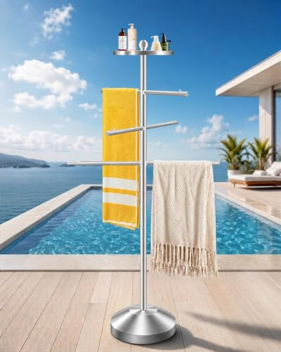 Aubliss Toallero de piscina al aire libre, toallero de 54 pulgadas para piscina, acero inoxidable 304 inoxidable con 3 brazos ajustables y base pesada, estante de pie para baño, piscina, jacuzzi