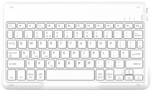 EasyAcc Bluetooth Keyboard, Ultra-Slim Wireless Keyboard UK Layout Quiet Portable Design with Built-in Rechargeable Battery for iOS, Mac, iPad, Windows and Android, White