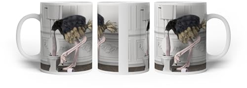 deyoli Tasse à motif autruche avec départ profond – Curieux jusqu'aux toilettes - Porcelaine 300 ml - En céramique blanche/tasse à café/idée cadeau
