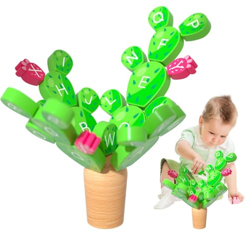 Generisch Jeu de bilan en bois, jouet de cactus d'équilibre, avec design alphabet, blocs de construction de cactus, en bois empilable, pour enfants de 3 à 8 ans, filles, filles