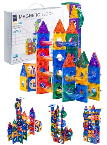 LARCIVELLE Magnetbausteine Kugelbahn Regenbogenfarben 116 Teile 6 cm