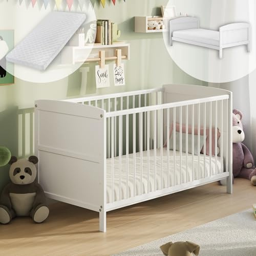Kids Collective Babybett 70x140 umbaubar mit Matratze, Gitterbett Kinderbett höhenverstellbar & herausnehmbare Sprossen | weitere Größe: 60x120cm | 70x140cm: von Geburt bis 6. Lebensjahr, Weiß