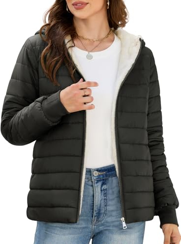CMTOP Manteau Femme Hiver Polaire Chaud Courte Veste Matelassée, Légère Élégante Doudoune Résistant à l'eau Parka Rembourrée Manteaux en Peluche Blouson avec Capuche et Poches(Noir,S)