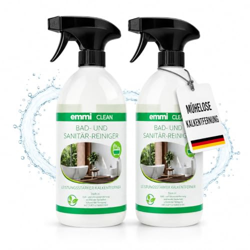 emmi-Clean Bad- und Sanitärreiniger 2x 500ml - Aktivschaum, Kalk- und Schmutzentferner inkl. Sprühkopf, Materialschonend, Für Fliesen, Glas, Chrom und Keramik