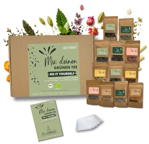 AETERIA® | Vom Tea Taster: BIO Mix deinen Grüntee | Geschenkset – 12 Zutaten, Rezeptideen & Teefiltern | Kreatives Tee-Geschenk | DIY Teemischung selber machen Set - entdecke deinen Lieblingstee!
