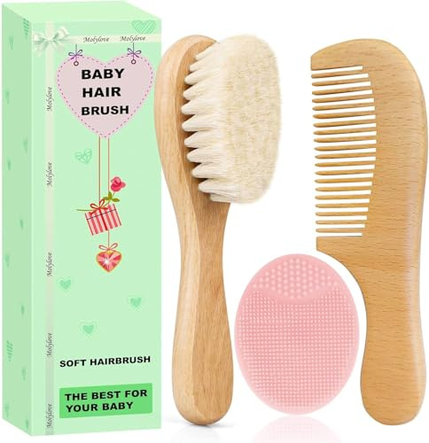 Molylove Baby-Haarbürste und Kamm-Set für Neugeborene und Kleinkinder, Babybürsten-Set aus Holz mit weichen Ziegenborsten, Holzkamm, rosa Milchschorfbürste, ideal bei Milchschorf, 3 Stück