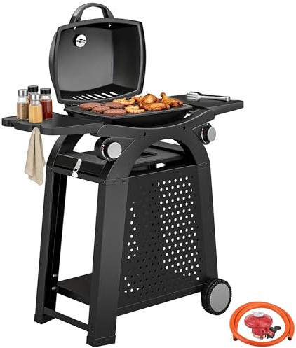 Outsunny 2 Burner Gas Grill with 2 Detachable Side Tables, 2-in-1 Portable Tabletop BBQ with Wheels, 3.8 KW Steel Barbecue Grill with Cast Iron Grates, Thermometer, Grease Tray, Hooks, Black