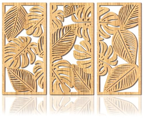 YunBey 3er Set Holz Wanddeko, Monstera Blätter & Boho Stil | 3 tropische Wandbilder aus natürlichem Holz mit Monstera- und Palmenmotiven,Perfekt für Wohnzimmer & Schlafzimmer