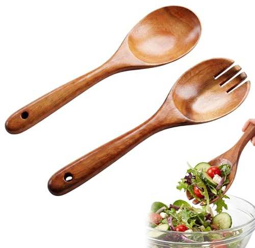 NYVOR 2 stycken salladsbestick trä, 26 cm olivolträ långt handtag salladssked salladsgaffel, naturliga träbestick matlagningssked, kökshjälpmedel för blandning matlagning sallad pasta frukt