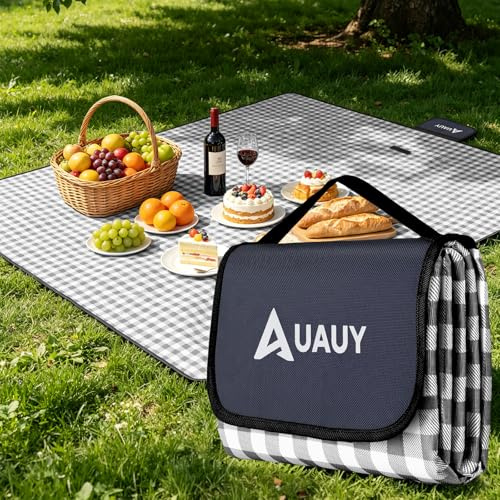 AUAUY Picknickfilt 200 x 200 cm, stor bärbar picknickmatta med handtag, Oxford bordsduk, vattentät, vikbar utomhusmatta för camping, trädgård, vandring, resor | Hållbar, återanvändbar, tvättbar, bärbar, oxfordyta, perfekt för camping, strand, lekplats utomhus