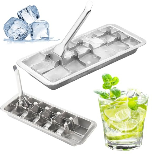 Xbessc 2 Stück Eiswürfelform Edelstahl 18 Schlitzen Eiswürfel Form | Eiswürfelformen mit Hebeleinsatz müheloses Entnehmen Langlebige Metall Eiswürfel Ice Cube Tray für Getränke Whisky Gin Rum