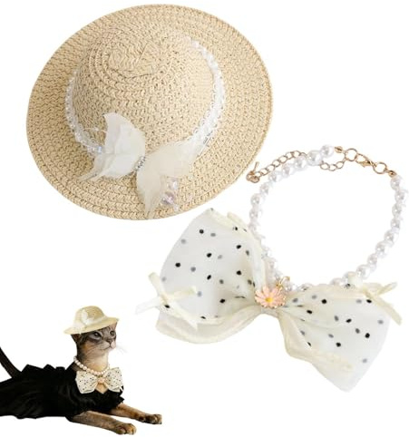 Huxibai Cappello estivo per cani e cuccioli, collare di perle e fascia per animali domestici, set regolabile di cappello estivo per cani, per foto di cuccioli e in spiaggia e passeggiate