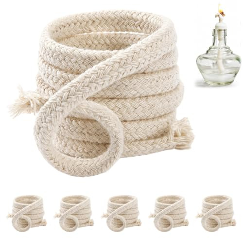 5 Stück Lampendocht 8mm x 100cm, Premium Öllampendocht Zuschneidbar für Gartenfackel Bambusfackel Petroleumlampe, Ersatzdocht Rund Beige, Docht für Öllampen Feuerhand, Lampenöl Docht Set