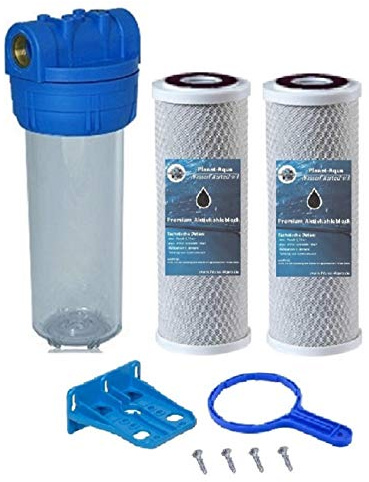Filtergehäuse SET 10 Zoll 3/4 Wasseranschluß 2x AKTIVKOHLE FILTER BLOCK 1x SCHLÜSSEL & 1x WANDHALTERUNG Vorfilter Umkehrosmose Brunnenwasser