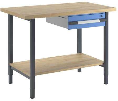 eurokraft | Höhenverstellbare Werkbank | Gestellbauweise | 1 Schublade | 1 Ablageboden | Breite 1250 mm | anthrazit/blau