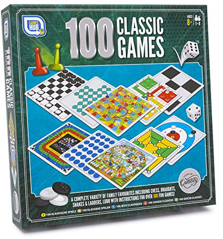 Grafix 100 Classic Games Compendium - Family Board Games: Chess, Ludo, Snakes & Ladders & More - 2 Players, Ages 8+