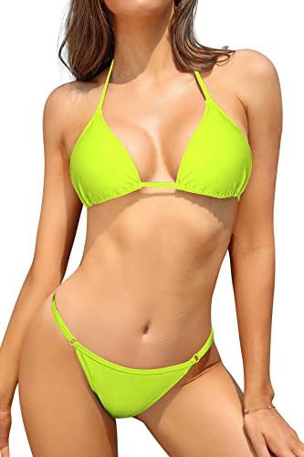 SHEKINI Damen Bikini Set Klassischer Triangel Rückenfrei Bikinioberteil Verstellbare Bademode Brasilianer Niedrige Taille Tanga Bikinihose Zweiteiliger Badeanzug(S,Fluoreszierendes Gelb)
