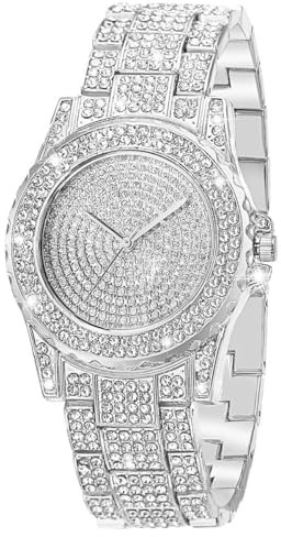 ManChDa Silver Watch for Women Interior Full Diamond Bling Rhinestone Iced Out Quartz Crystal Stainless Steel Ladies Wrist Watch