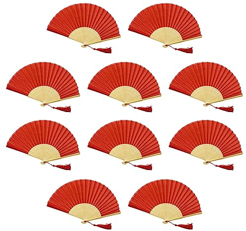 FANSOF.FANS Pack of 10 Chinese Folding Hand Fans – Silk Fabric Handheld Fan with Bamboo Ribs & Tassel, Wedding Fans for Guests, Bridal Shower & Hen Party Favours, Paper Fan Style Wedding Props
