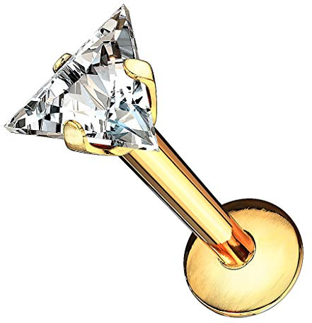 Piercing Stab Stecker Lippenpiercing Ohrpiercing Labret Lippe Ohr Tragus Helix Platte mit Dreieck Kristall Glitzer Strass Stein Klein 8mm Gold