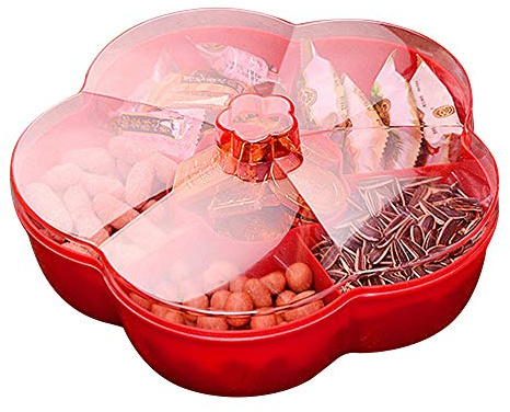 Boîte de rangement de collation, Boîte de rangement pour snacks, bonbons et noix, plateau pour apéritif avec couvercle, Plateau de Collations en Forme de Fleur, Plateau de Service à Noix, Rouge