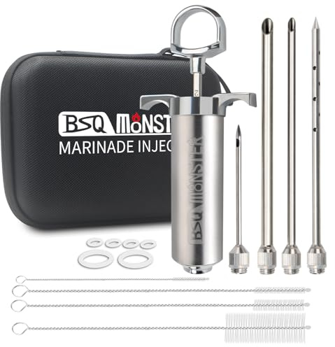 BSQ MONSTER Meat Injector Syringe Kit with 4 Professional Marinade Injector Needles and Travel Case for BBQ Grill Smoker, Turkey, Brisket; 2-oz Capacity; Paper User Manual and E-Book (PDF)