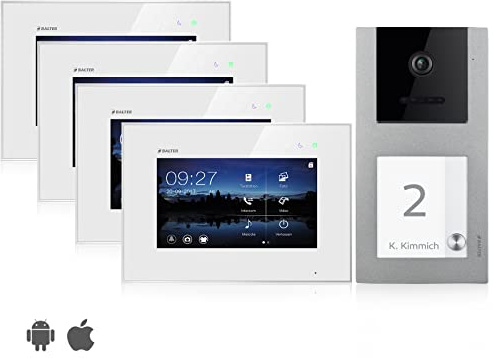 Balter EVO Video Türsprechanlage, Touchscreen, 7 Zoll Monitor, Smartphone App, 2-Draht Bus, Aufputz Türstation für 1 Familienhaus, 1 Türklingel, RFID Funktion (4 Monitore, Ohne App)