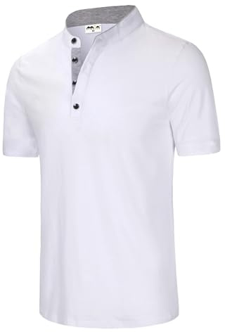 KTWOLEN Maglietta Uomo Collo Henley Slim Fit T-Shirt in Cotone Maniche Corte Casual Estive con Bottoni, Bianco, M