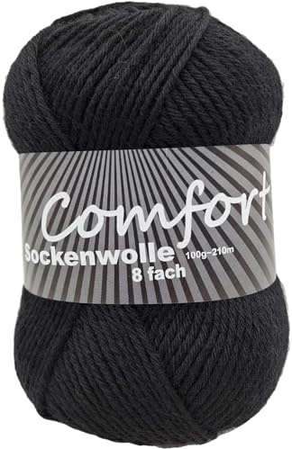 8-fädige Sockenwolle Strumpfwolle Uni – besonders warmes dickes Strumpfgarn - 100gr Knäul – 210 m Lauflänge - Nadelstärke 4,5-5,5 mm-Klassiche traditionelle Zeitlose Farben (schwarz 896)