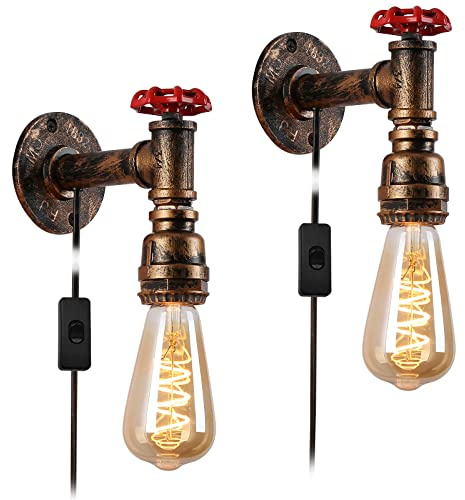 Hefoklu Industrial Pipe Lamps Set of 2 Wall Lamps with Plug in Cord for Bedroom Bedside Lighting Brass Vintage Gold Water Pipe Steampunk Sconces Farmhouse Mounted Fixtures E27 Socket with Switch