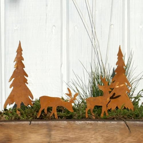 Elch Weihnachtsdeko 4er - Set mit Tannen in Rostoptik zum Stecken