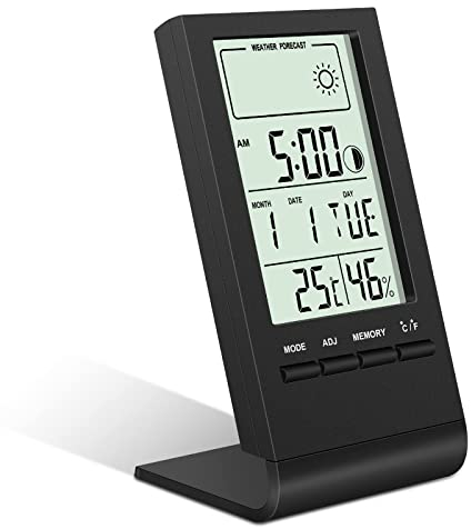 Flintronic Thermometer Hygrometer Innen, Wettervorhersage Hygrometer, Mini LCD Anzeige Von Datum, Zeit Temperatur, Luftfeuchtigkeitsmesser für Innenbereich, Zuhause,Büro, Schule, Hotel und Gewächshaus