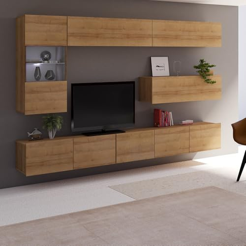 Lomadox Wohnwand Anbauwand Eiche Nb. 6-teilig Modern, mit 1 Hängevitrine mit Beleuchtung, 3 Stauraumschränke, 2 TV-Lowboards