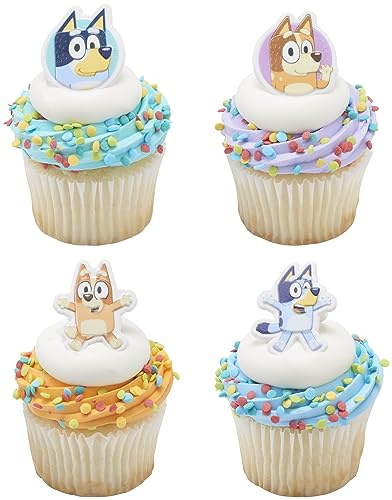 DecoPac Bluey So Much Fun Rings, 72 Cupcake Decorations Featuring Bluey, Bingo, Bandit, and Chilli, 3D Food Safe Cake Toppers – 72 Pack